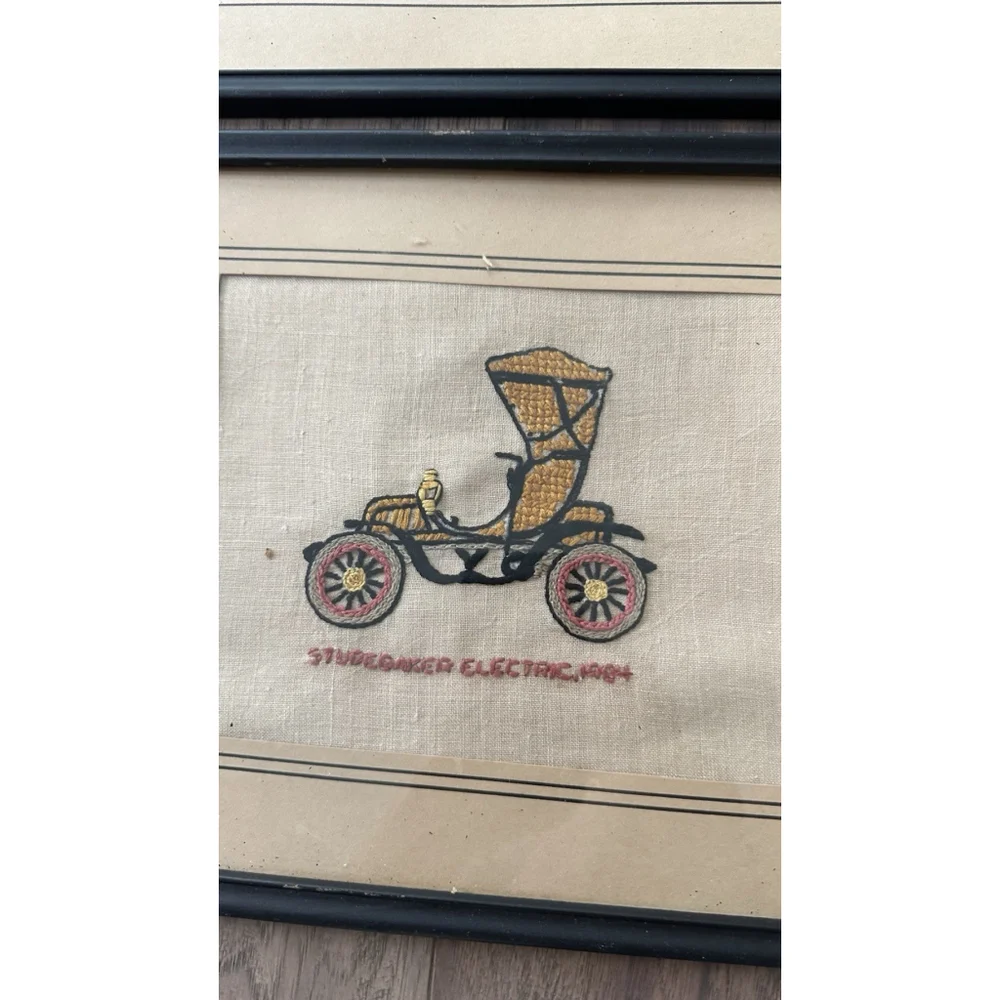 6 VINTAGE COMPLETED EMBROIDERY Antique Cars Framed Old Frames